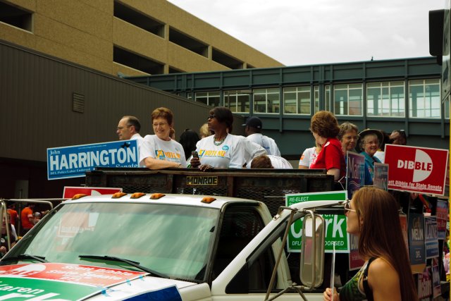 Rep. Alice Hausman, Rep. Rena Moran, Rep. Tina Liebling, Rep. Carolyn Laine, and Sen. Linda Berglin on the DFL truck at Twin Cities Pride.